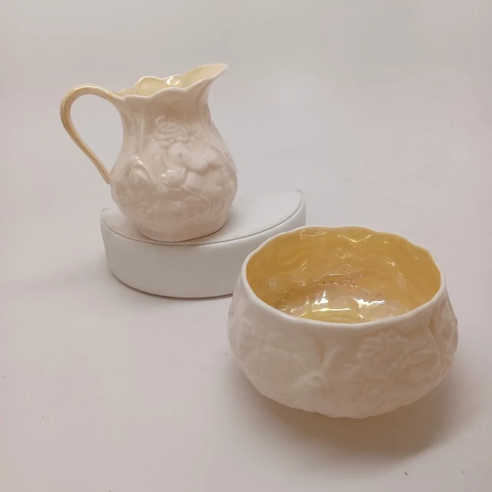 Belleek Ireland Neptune Creamer and Sugar Bowl Set Yellow Luster Parian China